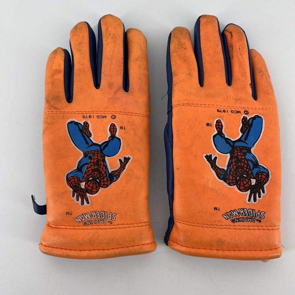 VTG 1979 Spider-Man Kid's Vinyl Leather Like Gloves Orange/Blue MCG